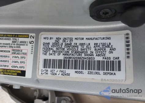 2008 Toyota Corolla Ce из США, поврежденный, VIN 1NXBR32E88Z945853